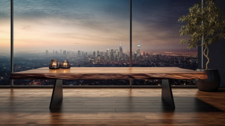 Wooden table with vase on the background of the city.の素材