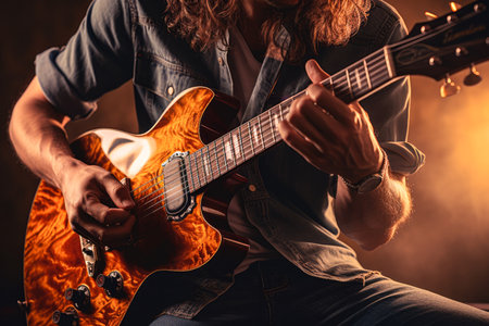 Close-up of the hands of a man playing the electric guitar.の素材