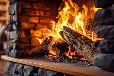 Burning firewood in fireplace at home. Fireplace with burning firewood.の素材