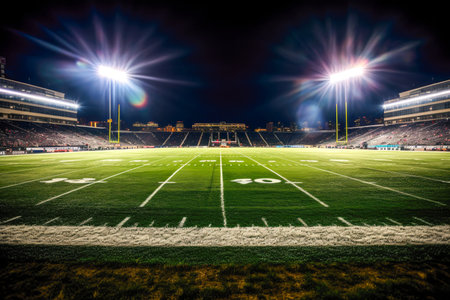 Stadium at night with bright lights and grass field.の素材