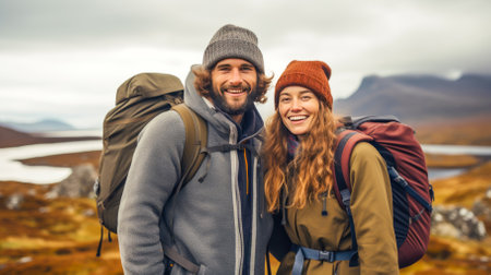 Happy couple of tourists with backpacks hiking in countrysideの素材