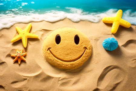Smiley face on the sand with starfishes and sea background.の素材
