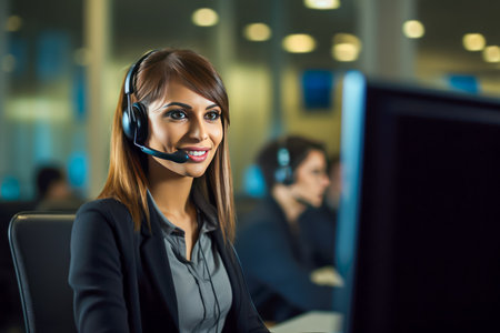 Portrait of smiling customer support phone operator in headset at officeの素材