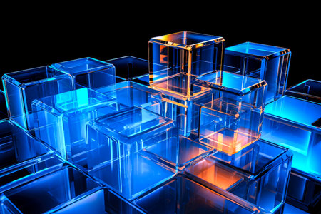 abstract geometric composition with glass cubes in blue light.の素材
