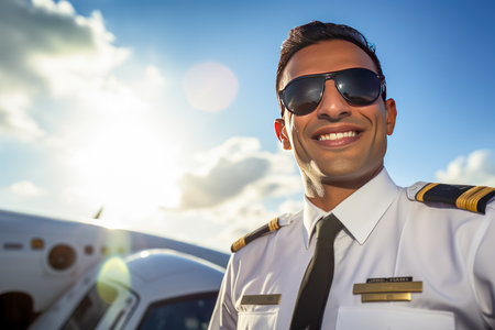 Portrait of smiling pilot standing in front of airplane against blue sky.の素材