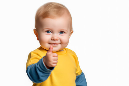 portrait of a cute little boy showing thumbs up isolated on white background.の素材