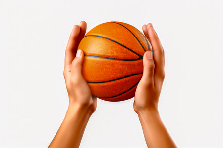 Cropped image of two female hands holding basketball ball on white background.の素材