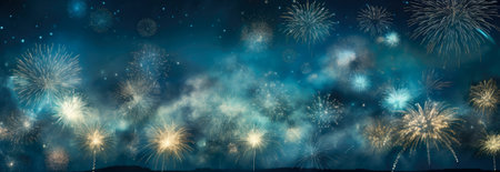 Fireworks in the night sky, New Year's Eve holiday background.