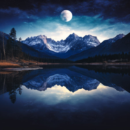 Fantasy landscape with mountains and lake at nightの素材