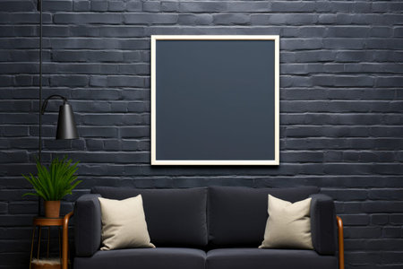 Interior of modern living room with sofa, lamp and blackboard. Mock up.