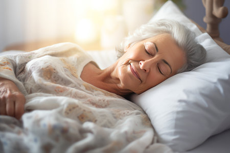 Relaxed mature woman lying on bed with closed eyes and closing eyes.の素材