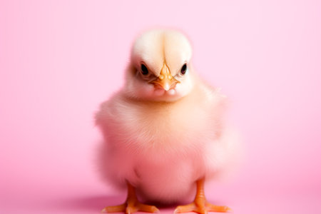 Cute little chicken on pink background, closeup. Easter concept.の素材