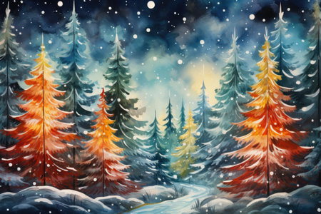 Winter forest with fir trees and snowfall. Watercolor illustrationの素材
