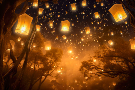 Chinese lanterns in the night sky.の素材