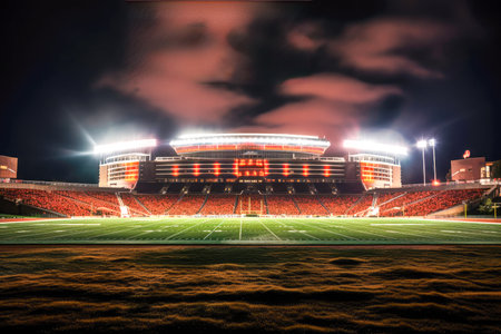 Stadium at night with bright lights and grass field.の素材