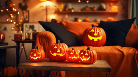 Halloween pumpkins on table in room, closeupの素材