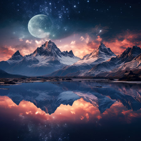 Fantasy landscape with mountains and lake at nightの素材