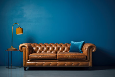 Interior of modern living room with brown leather sofa and blue wall.の素材