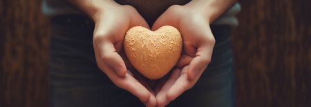homemade fabric heart in hands close-u.の素材