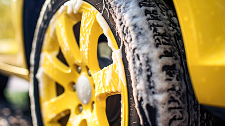 Close up view of a yellow car wheel being sprayed with waterの素材