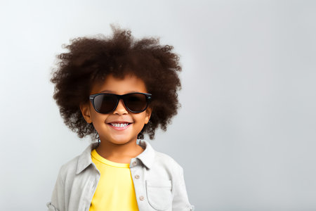 happy african american little girl in sunglasses isolated on gray background.の素材