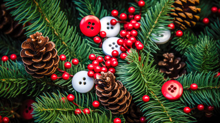 Christmas decoration with fir tree branches and red berries on wooden backgroundの素材