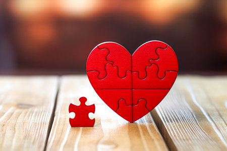 Red heart and puzzle piece on wooden table. Valentines day background.の素材