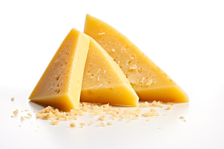 Pieces of cheese and gratified cheese on white background, closeup.の素材