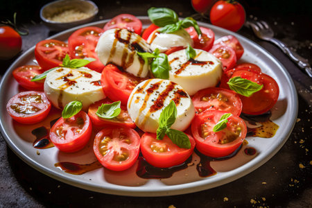 Caprese salad with tomatoes, mozzarella cheese and parsley.の素材