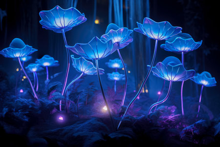 Magical dark forest with purple flowers. fantasy forestの素材
