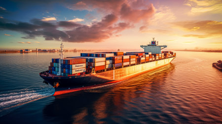 Container Cargo freight ship with working crane bridge at sunset for Logistic Import Export background.の素材