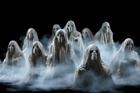 Halloween scene with a group of white ghosts in the fogの素材