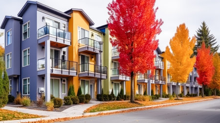 Colorful facades of houses in a row with autumn leavesの素材