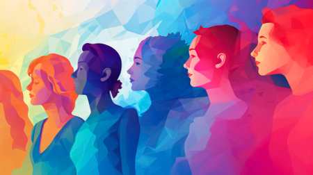 Group of people in profile. Abstract polygonal background.の素材