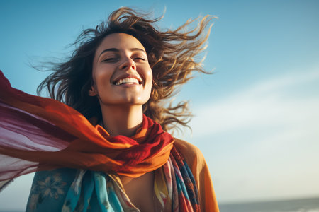 Portrait of a beautiful young woman with flying hair and yellow scarf.の素材