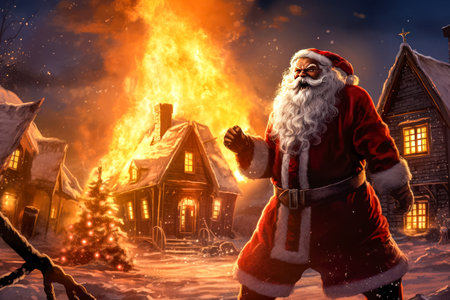 evil Santa Claus standing in front of a burning house.の素材