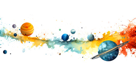 Colorful watercolor background with planets and meteoritesの素材