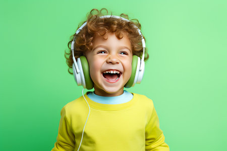 Cheerful little boy with headphones listening to music on a green background.の素材