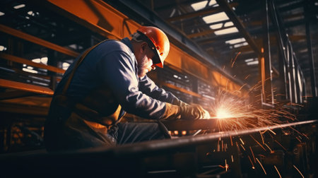 Industrial worker with protective helmet and protective mask welding metal in factory.の素材