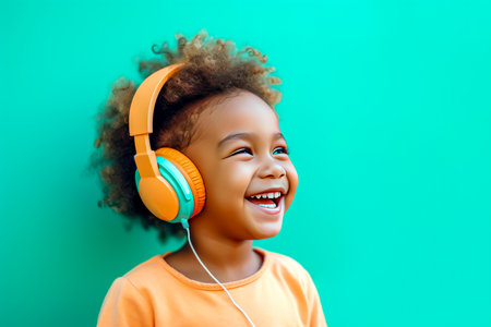 Cheerful little boy with headphones listening to music on a green background.の素材