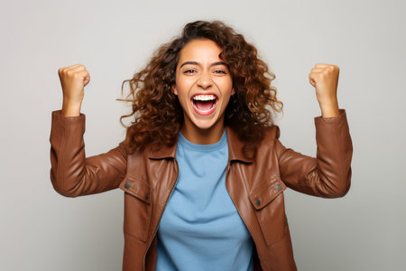 excited businesswoman in eyeglasses celebrating success.の素材