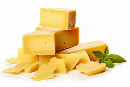Pieces of cheese and gratified cheese on white background, closeup.の素材
