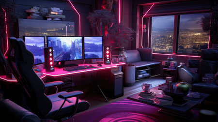 Futuristic gaming room with a lot of gadgetsの素材