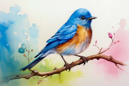 Bluebird on a branch with flowers. Watercolor painting illustration.の素材