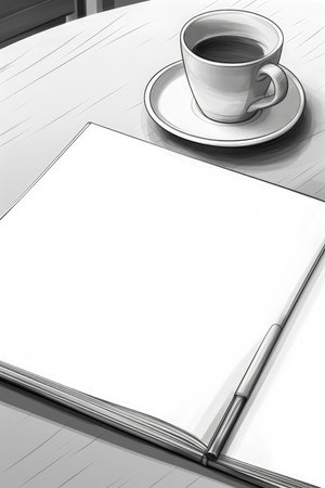 A cup of coffee and a notebook on the table. 3d renderの素材