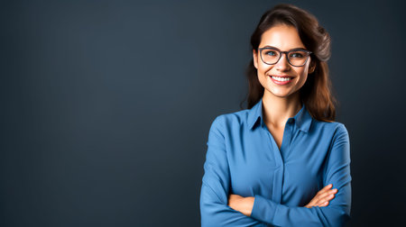 Portrait of a happy young businesswoman with folded arms isolated over gray background.