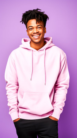 Young african american man in a pink hoodie on a purple backgroundの写真素材