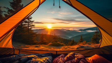 Camping tent in the mountains at sunsetの素材