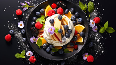 Pancake with whipped cream, fruits and berries on black background.の素材
