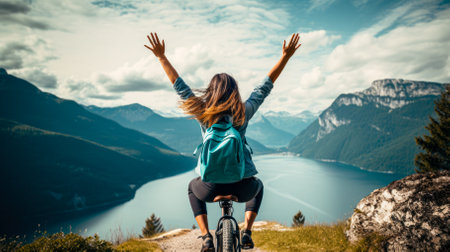 Young woman riding a bicycle in the mountains. Freedom and happiness conceptの素材